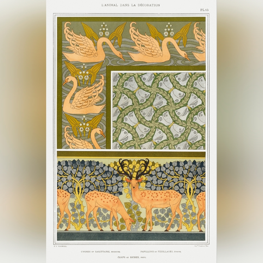 Vintage Animal Art Print with Swans and Deer